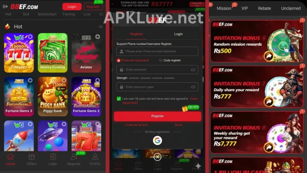 88EF Game APK internal interface, promotion section and registration section of game