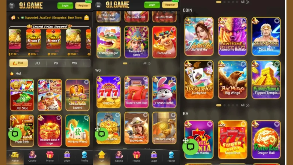 9J Game APK internal interface and jackpot winning games