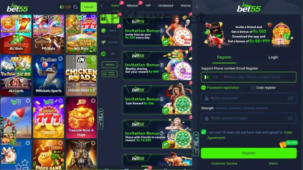 Bet55 Game APK internal interface, promotion center and registration section of game