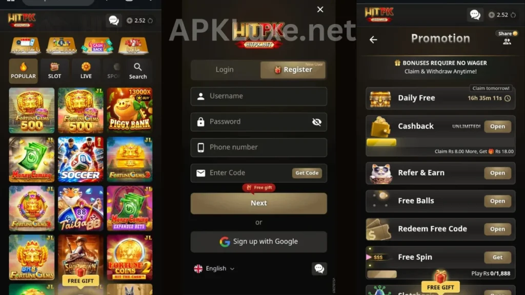 HitPK Game App internal interface, profile section and promotion center of game