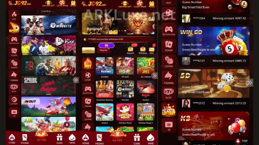 JC92 Game APK internal interface and jackpot winning games of an application
