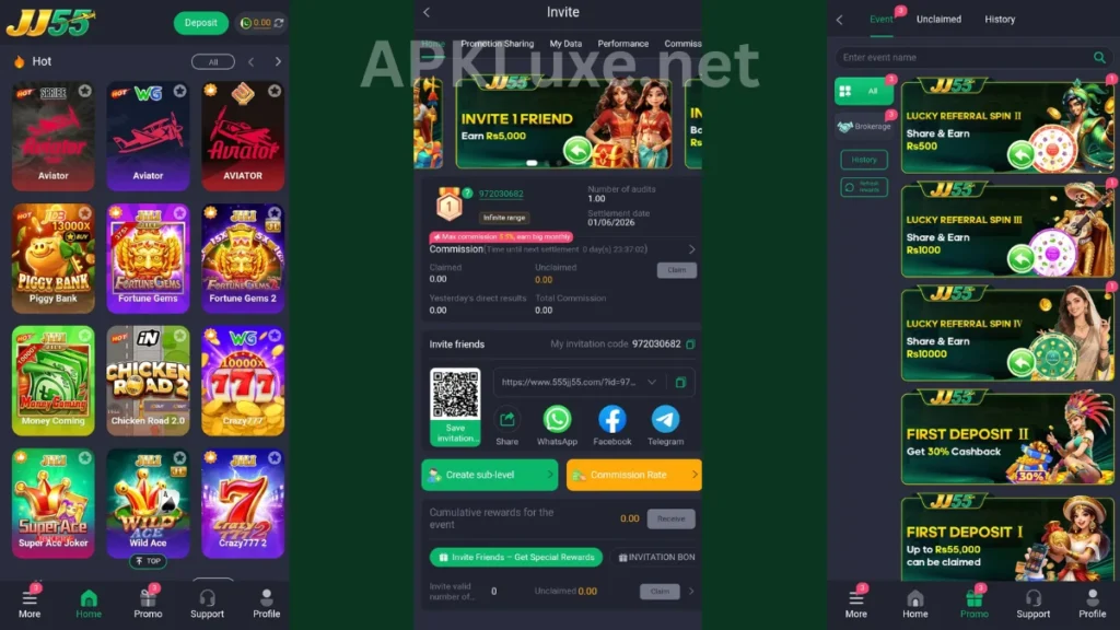 JJ55 Game APK internal interface, promotion and referral section of game