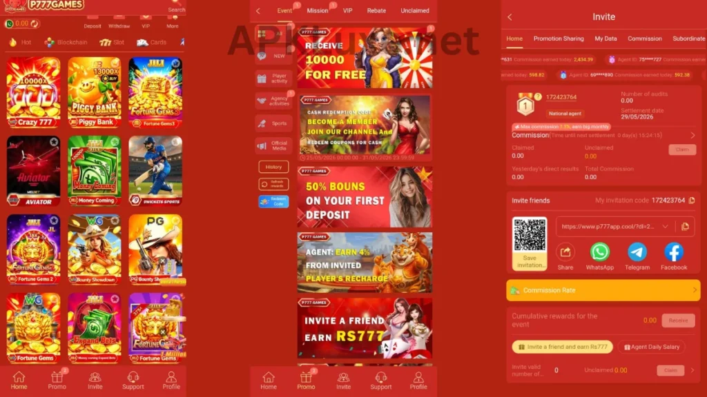 P777 Game APK internal interface, referral section and promotion center of game
