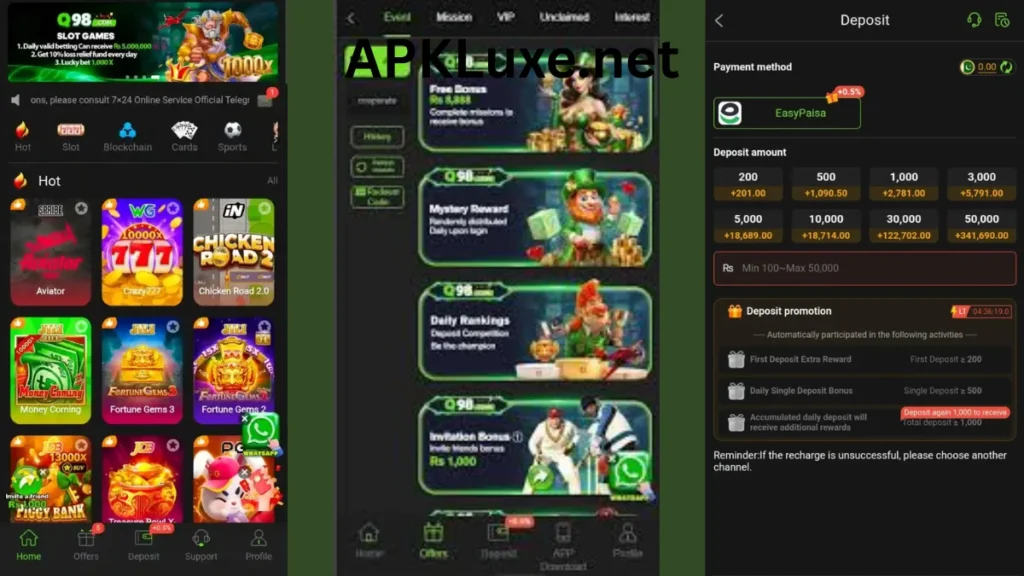 Q98 Game APK internal interface, promotion center and deposit section of game