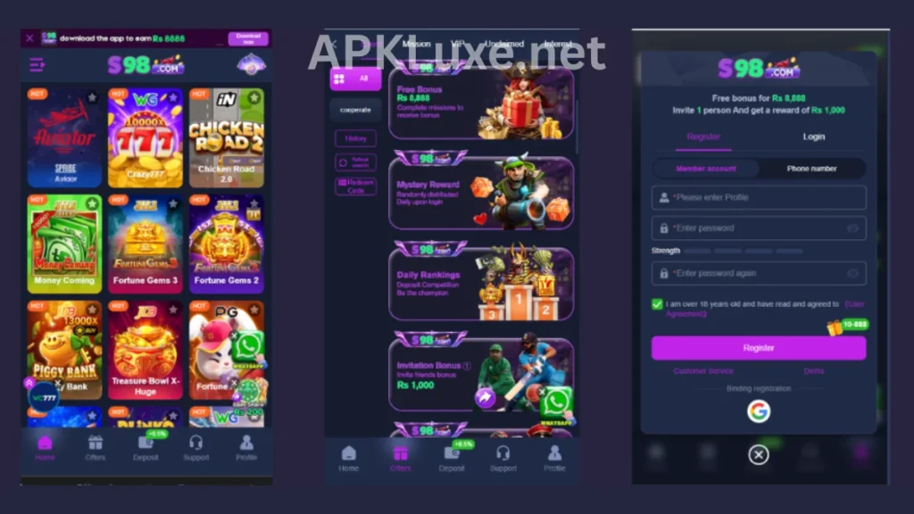 S98 Game APK internal interface, registration section and promotion center of game