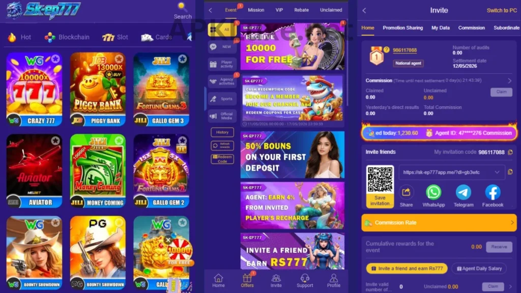 SKEP777 Game APK internal interface, promotion center and invitational section of game