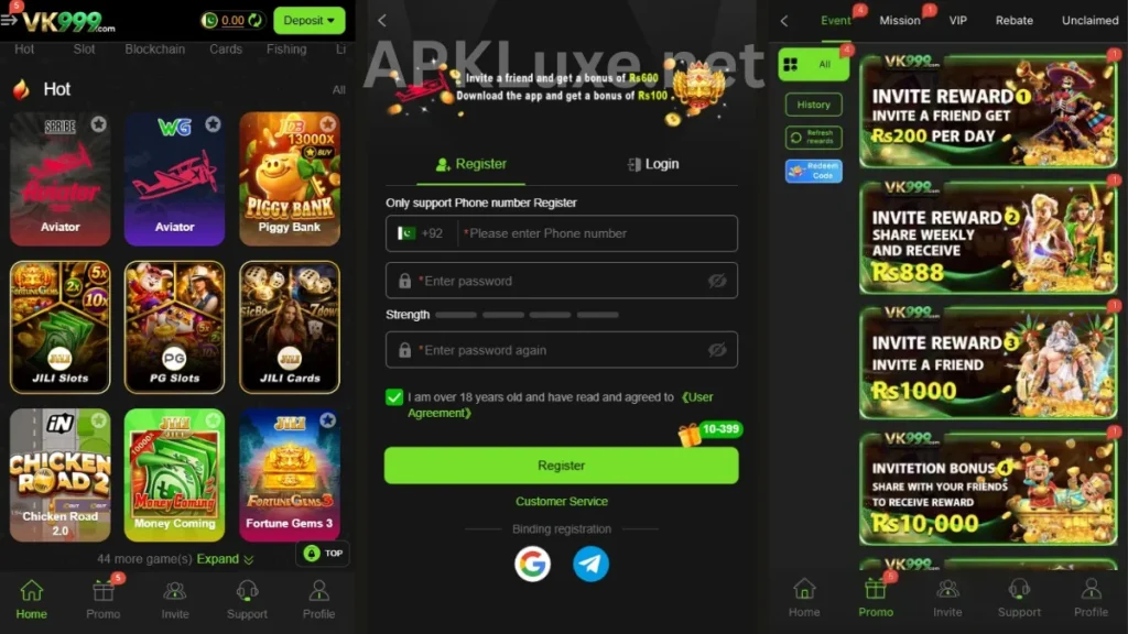VK999 Game APK internal interface, promotion center and registration section of game
