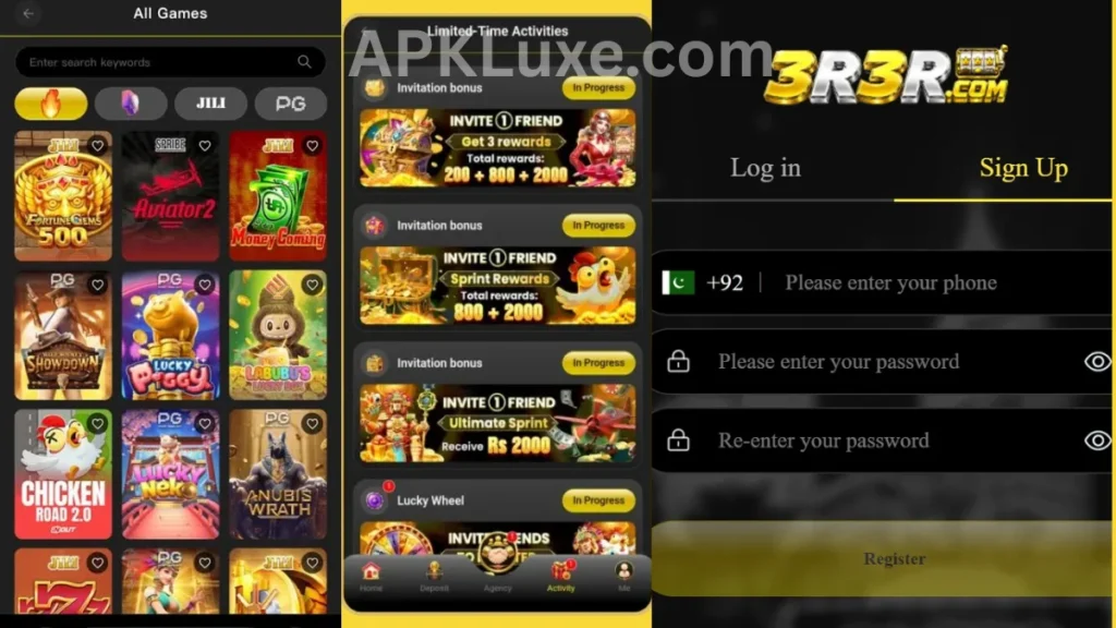 3R3R Game APK internal interface, promotion center and registration section of game