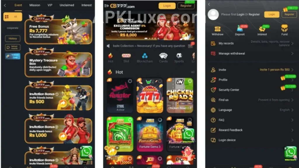 CB777 Game APK internal interface, profile section and promotion center of game