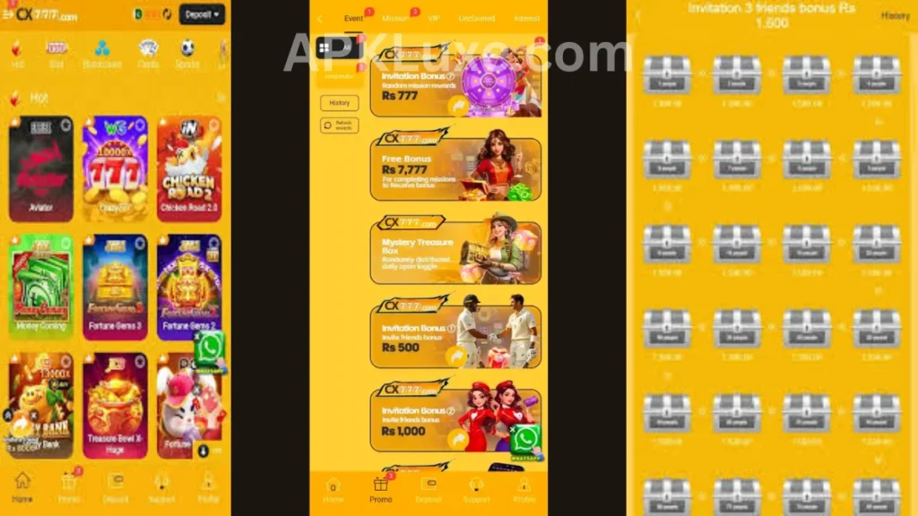 CX777 Game APK internal interface, promotion center and invitational section of game