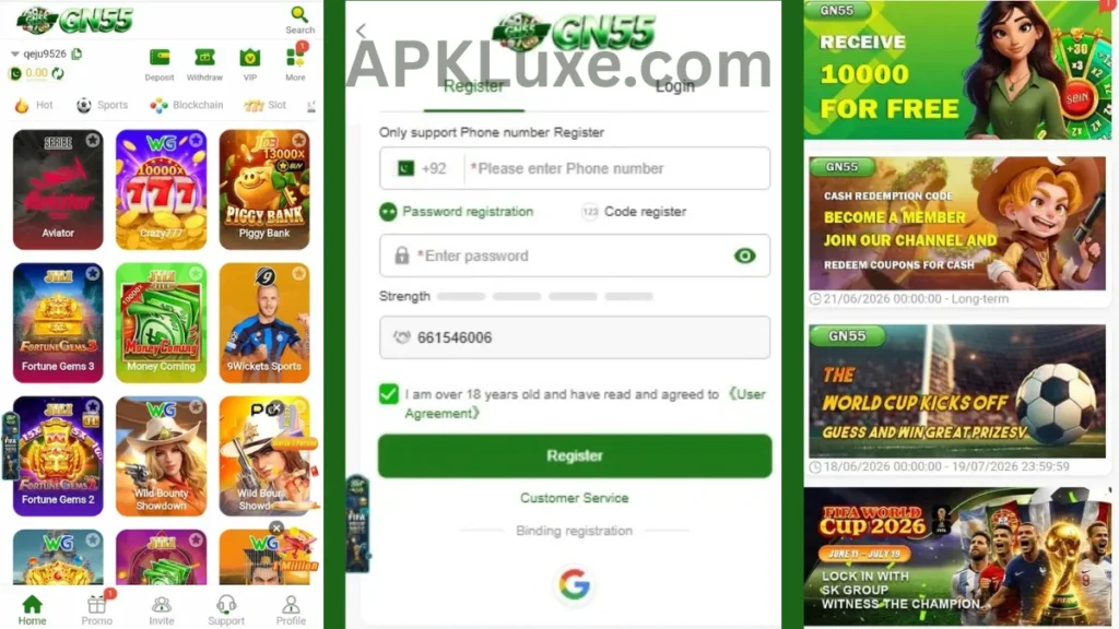 GN55 Game APK Internal interface, login section and promotion center of game