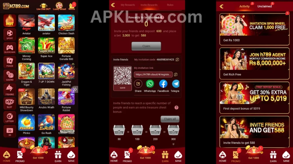 H789 Game APK internal interface, referral section and promotion center of game