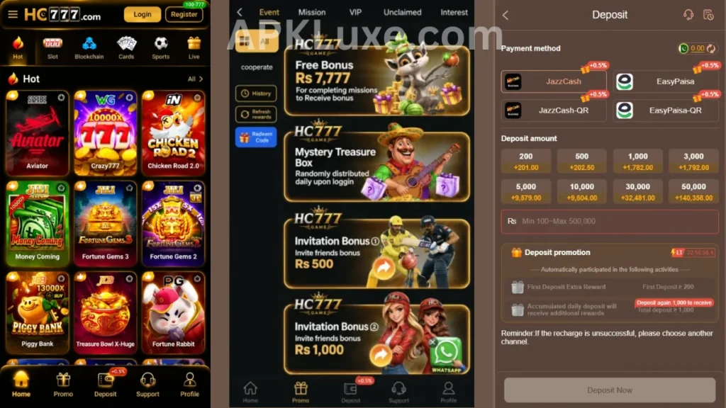 HC777 Game APK internal interface, promotion center and deposit section of game