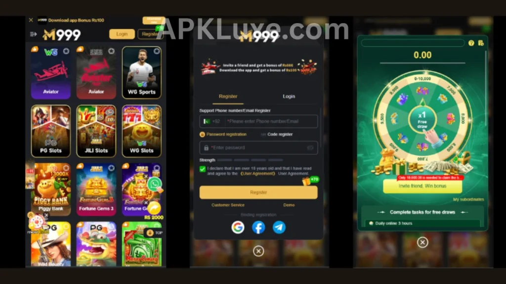 M999 Game APK internal interface, registration section of game and spin wheel bonuses of game