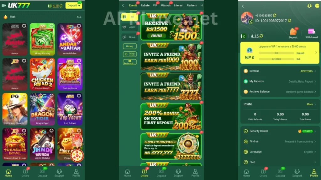 UK777 Game App internal interface, promotion center and profile section of game